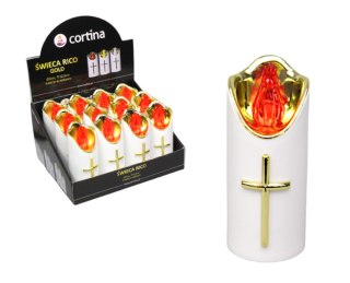 Świeca LED RICO 17 x 5cm biało-złota z czerwonym płomieniem krzyż 3/23 LUX DIS wg r