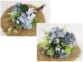 Bukiet mieszany RÓŻA, HORTENSJA wys. 35 cm, 6 łodyg w pęczku (2 róże 8x4,5 cm) NIEBIESKI WT-105D