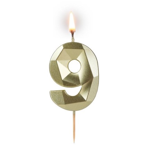 Świeczka cyferka "9" 5,8cm "DIAMENT" ZŁOTA na patyku ( długość patyka 4,2cm / 2cm ) 24szt. 64-09