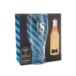 Zestaw 2w1 szklanka do piwa ze złotą cyfrą "18" z otwieraczem do butelek "Na zdrowie " w ozdobnym opakowaniu prezentowym . 500 m