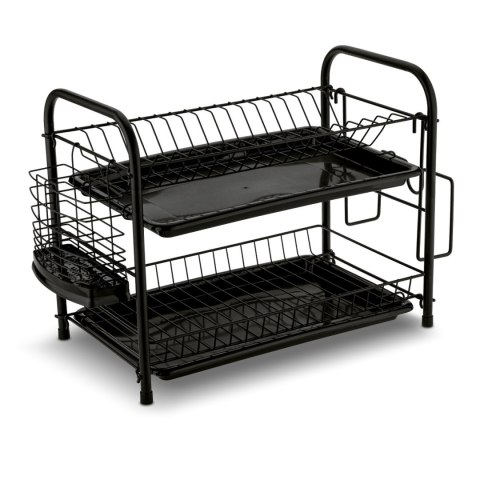 Dwupoziomowy ociekacz do naczyń z uchwytem na deskę do krojenia i pojemnikiem na sztućce Nova 53 x 33 x 24 cm czarna